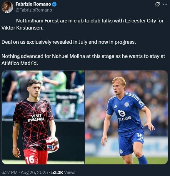 罗马诺：诺丁汉森林在和莱斯特城谈后卫克里斯蒂安森的转会